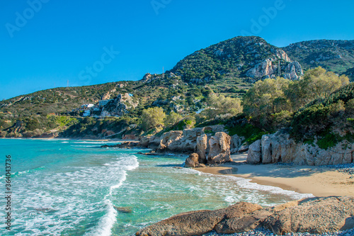 Fototapeta Naklejka Na Ścianę i Meble -  Tropical beach of Voulisma beach, Istron, Crete, Greece. Beautiful colorful beach Voulisma paradise beach with clear water. Summer vacation travel holiday background