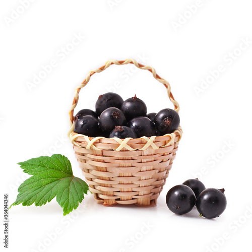 Fresh black currant in the wicker basket isolated on a white background.