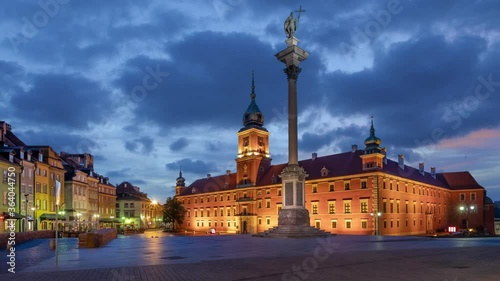 Warsaw, Poland. Square in front of The Royal Castle at dusk (static image with animated sky)
