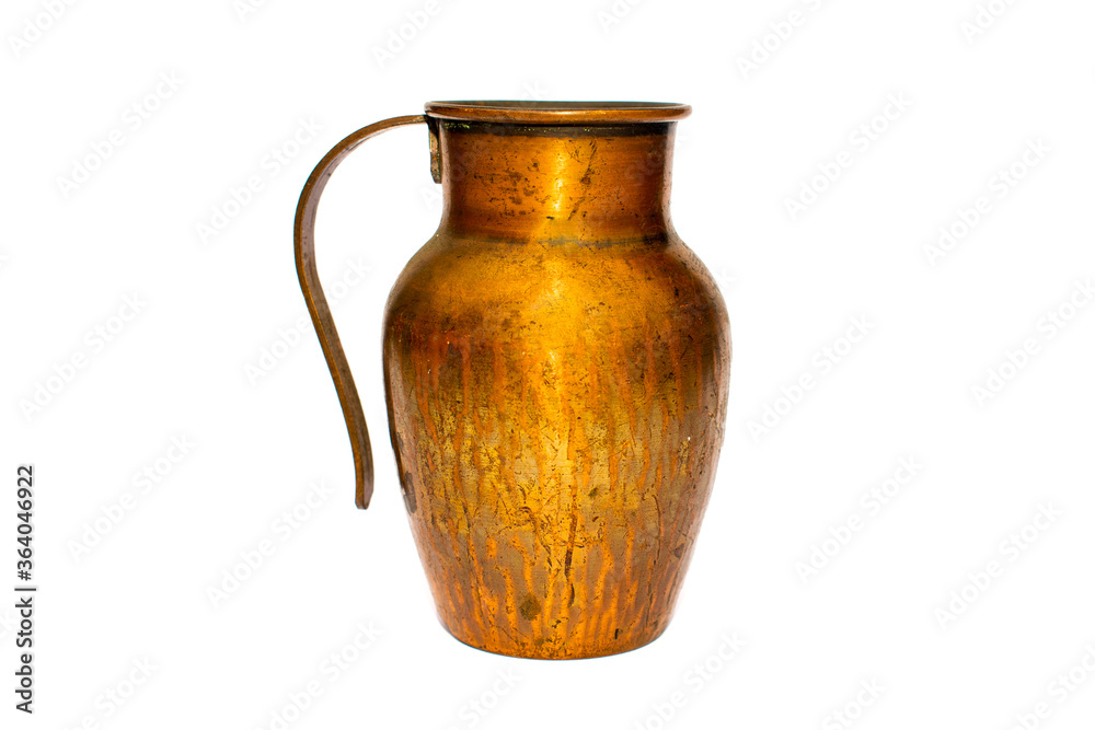 Small gold shiny old copper / bronze  jug / pot with handle on a white studio background