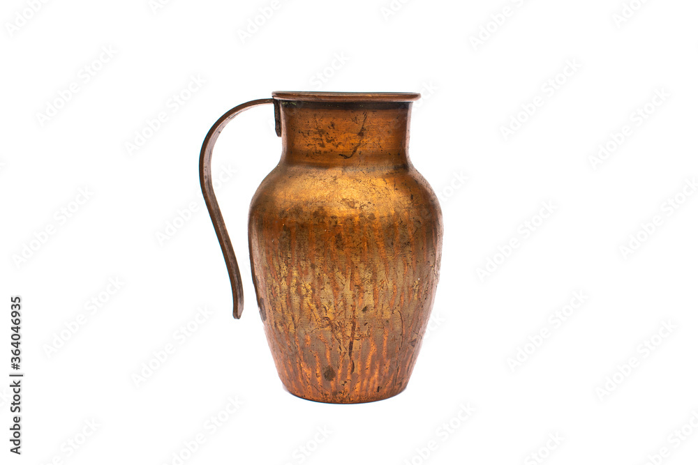 Small gold shiny old copper / bronze  jug / pot with handle on a white studio background
