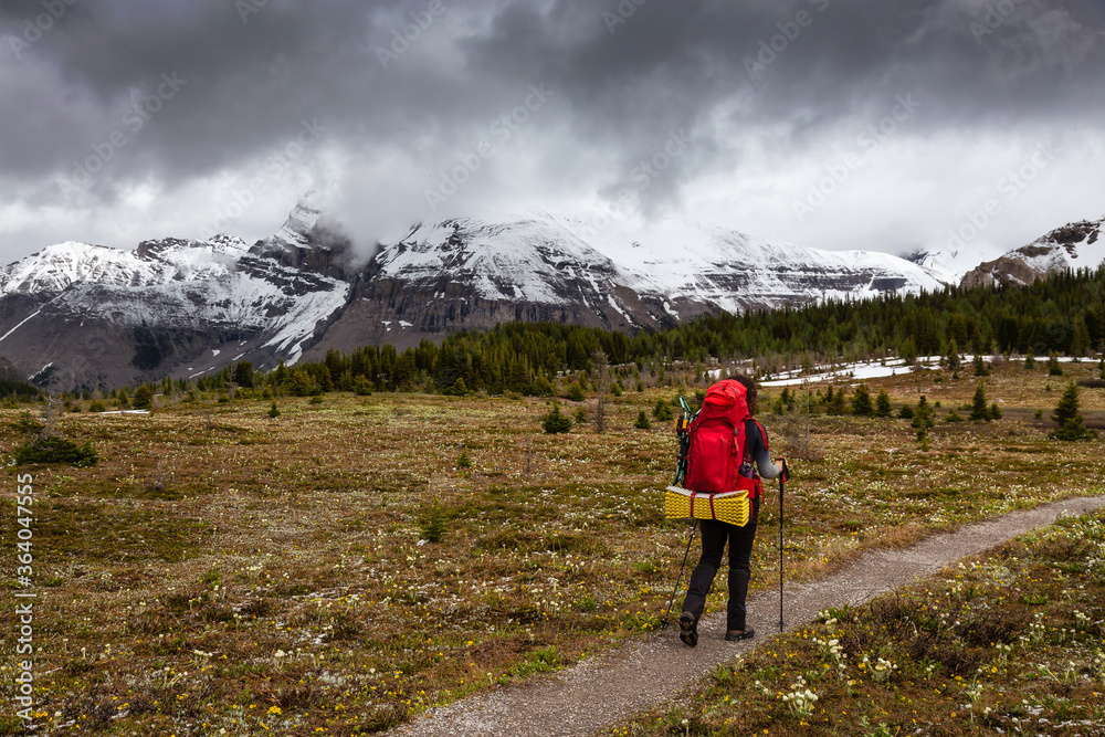 Female Backpacker Hiking in Canadian Rockies during a cloudy day. Taken near Banff, boarder of British Columbia and Alberta, Canada. Concept: Explore, Adventure, Trekking, Backpacking