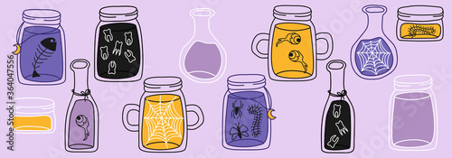 Trendy set with line art jars, scary decorative element for the holiday. Can be used for decor of invitations, poster, postcard.
