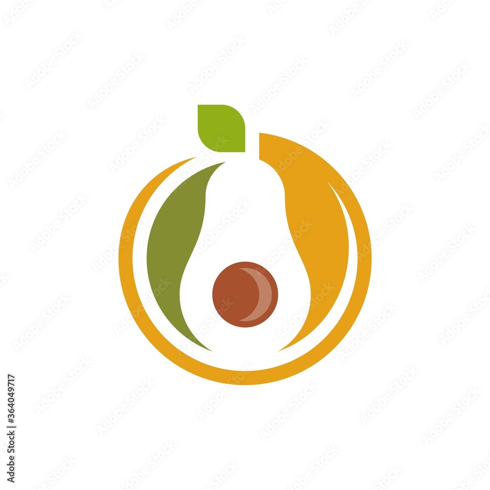 Avocado fruit logo template. Avocado half with leaf vector design. Health food logotype Avocado fruit logo template. Avocado half with leaf vector design. Health food logotype