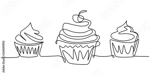 Cupcake with decoration and cherry continuous line drawing element isolated on white background. Cream dessert with cherry hand drawing art dessert theme. Vector illustration of sweet dessert