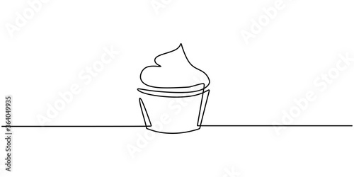 One single line drawing of sweet muffin cake. Delicious cupcake shop menu and restaurant badge concept. Sweet pastry online shop logo vector illustration. Modern hand draw design cookies