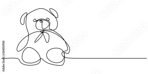 Bear plush toy one continuous line drawn isolated on a white background. Cute stuffed teddy bear is mascot for little girl. Little teddy bear sitting on the bed. Vector illustration