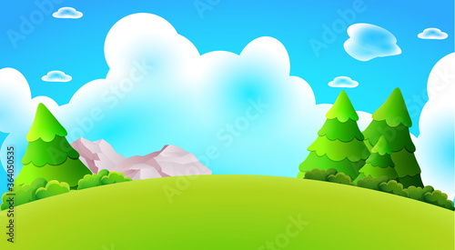 Cartoon Forest hill, jungle, tress, stones and full of clouds nature background illustration