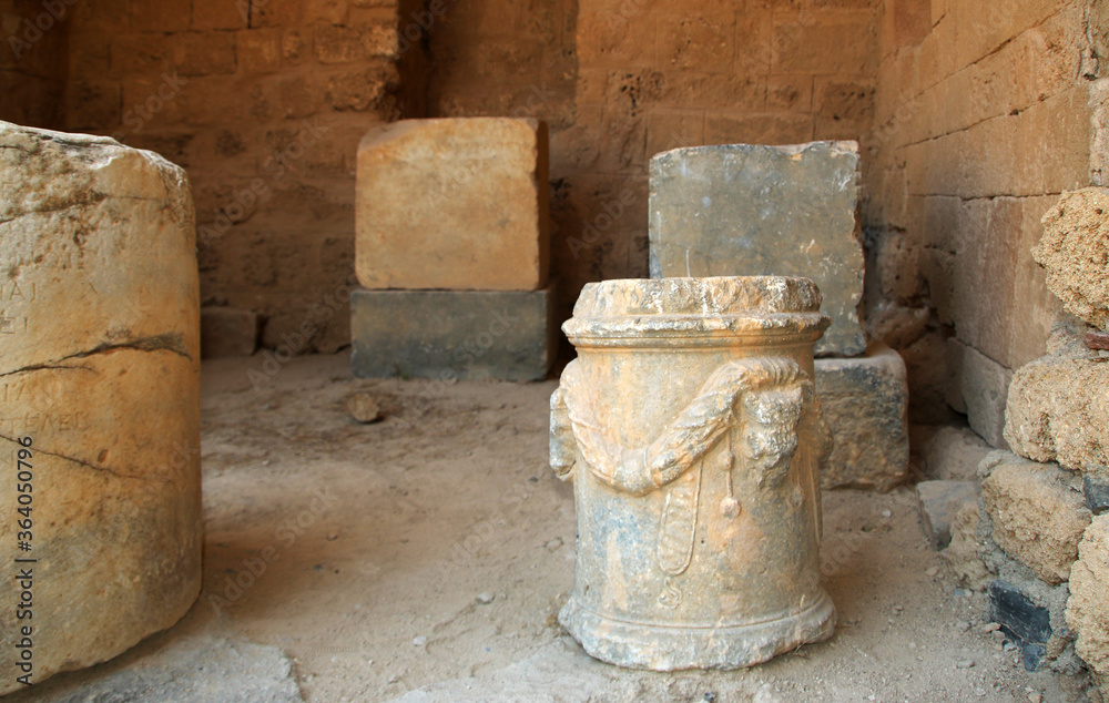 Stone bases of statues, the Acropolis of Lindos, Greece Stone bases of statues, the Acropolis of Lindos, Greece