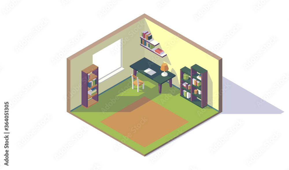 isometric low poly room interior, workspace, chair, desk, window, bookshelf, bookcase, lamp, vector illustration