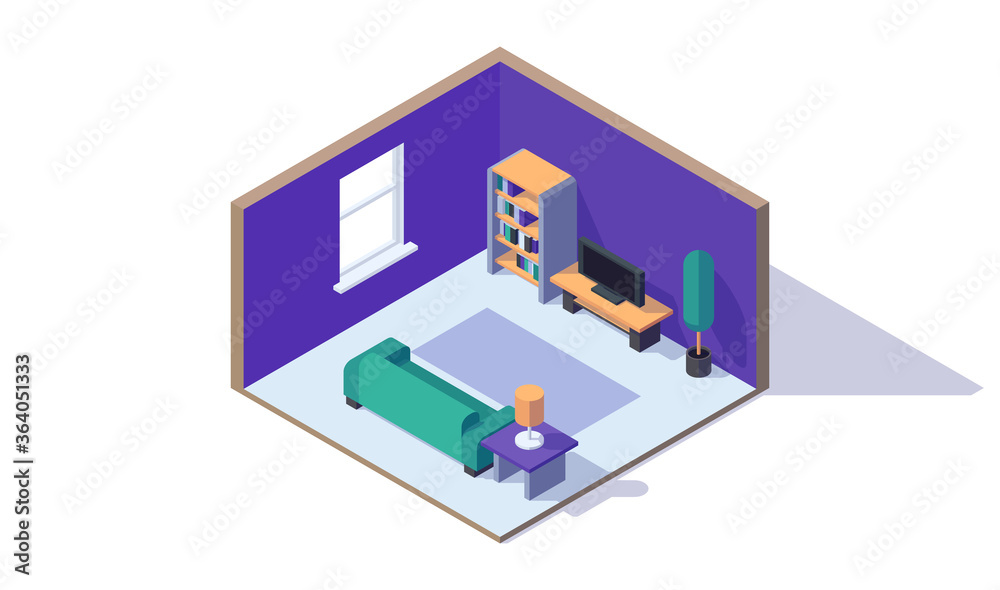 isometric low poly living room interior, couch, lamp, tv, window, bookcase, plant, coffee, table, vector illustration