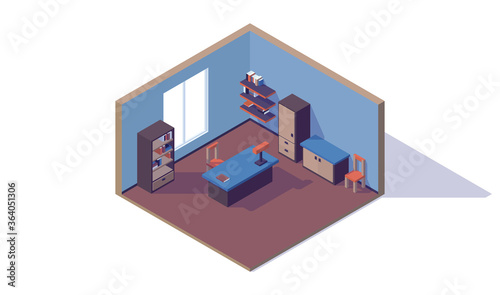 isometric low poly room interior, workspace, desk, lamp, bookcase, chair, shelf, locker, window, vector illustration