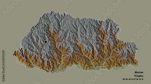 Lhuentse, district of Bhutan, with its capital, localized, outlined and zoomed with informative overlays on a relief map in the Stereographic projection. Animation 3D photo