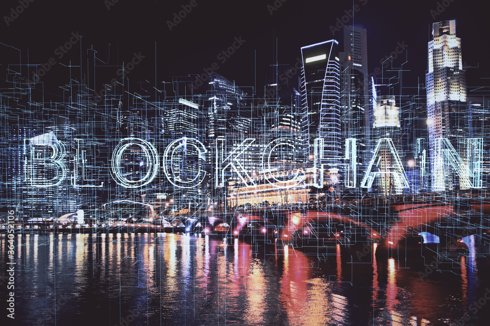 Fototapeta premium Multi exposure of cryptocurrency theme hologram drawing and city veiw background. Concept of blockchain and bitcoin.
