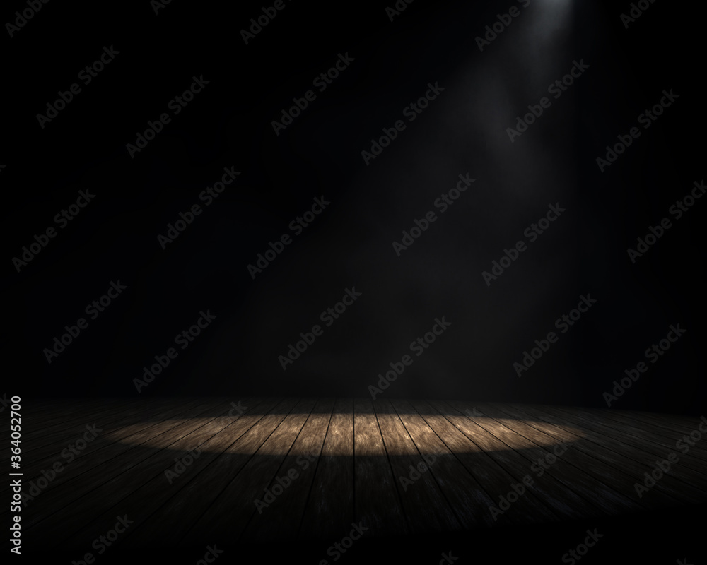 Product Showcase Background. Dark Studio Room with Spotlight and Light Smoke or Fog. Empty Space on Old Wood Planks Floor. 3D Render. - obrazy, fototapety, plakaty 