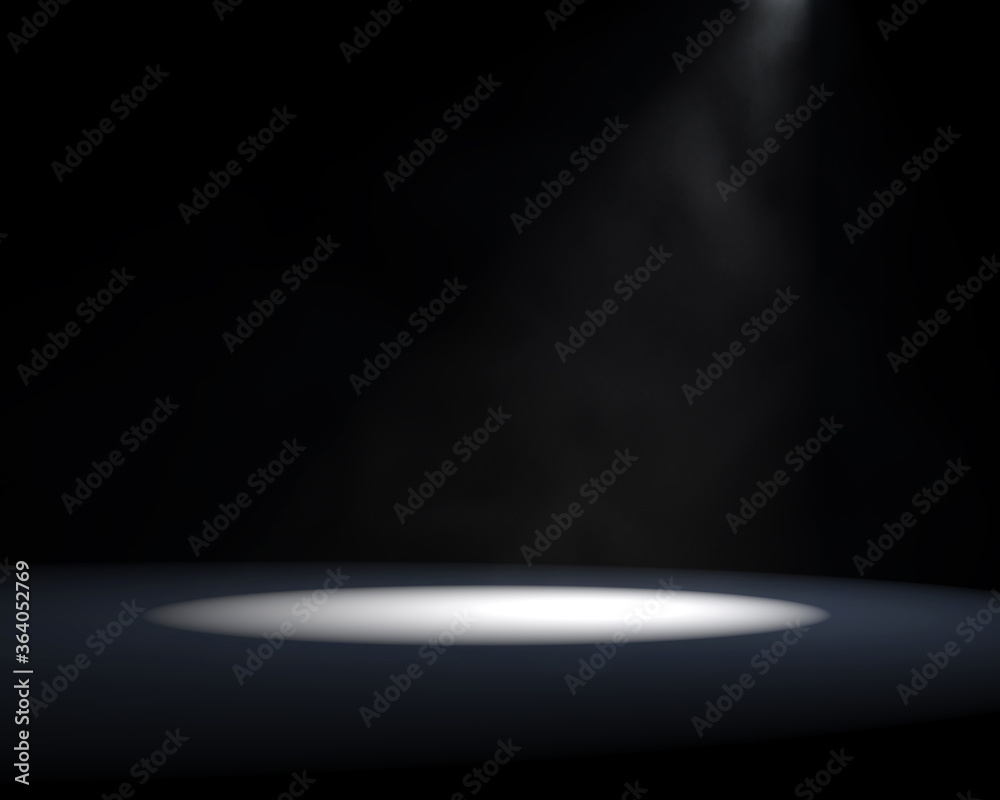 Product Showcase Background. Dark Space with Light Smoke or Fog. Empty Space in the Spotlight. 3D Render.