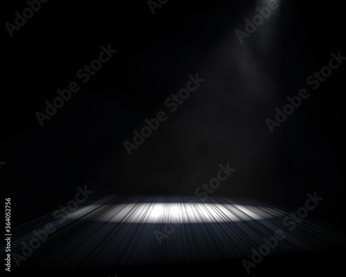 Product Showcase Background. Dark Space with Spotlight and Light Smoke or Fog. Empty Space on Speeding Road. 3D Render.