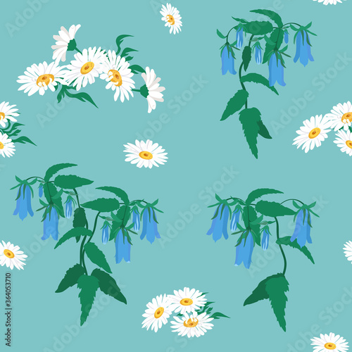 Field bells and chamomile on a blue, seamless background. Vector illustration.