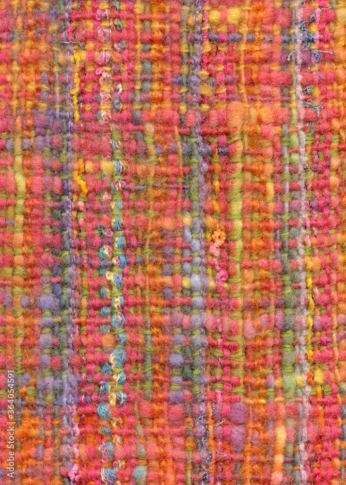Closeup view of handwoven multicolour wool fabric texture