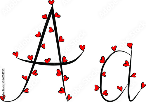 Festive romantic font. Black branches and bright red hearts. Valentine's day. Design of greeting cards and invitations. Latin English letters. Uppercase and lowercase letter A. Concise design