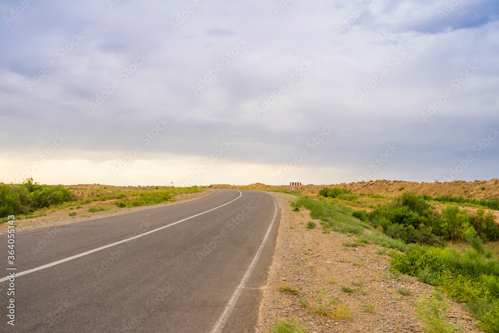 Asphalt road in the steppe. Blue sky with clouds. Horizon. The road in perspective. Steppe landscape in the summer. Green grass on the side of the road. Thunder clouds.