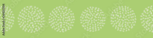 Row of dandelion balls vector border print. Surface print design for embellishing cards, posters, and invitations. Can be tiled as seamless polka dots pattern for fabrics, stationery, and packaging.