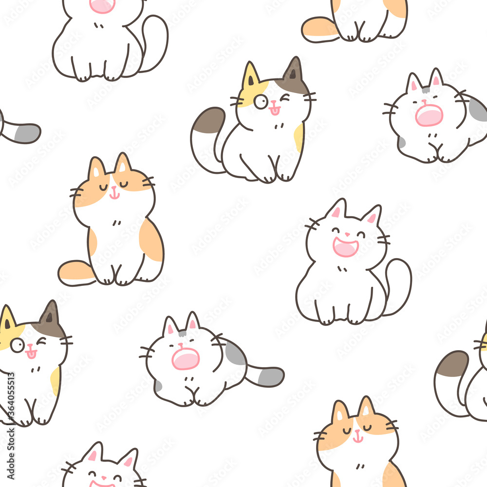 Seamless Pattern of Cute Cartoon Cat Design on White Background Seamless Pattern of Cute Cartoon Cat Design on White Background