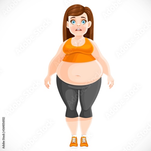 Cute girl very full before losing weight in a static pose isolated on white background