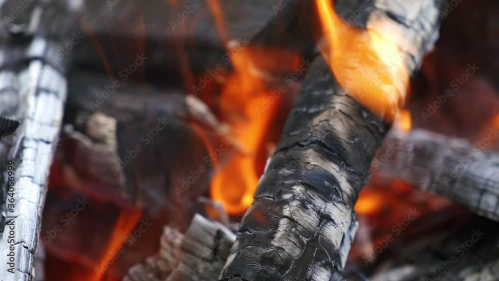Wooden embers glowing in fire. Smoldered logs burning in fire. Motion of fire tongues over charcoals. Close-up.