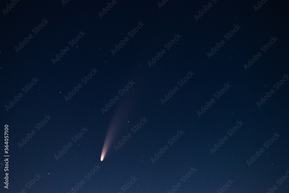 View of the C/2020 F3 (NEOWISE) comet close-up at night among the stars. The brightest C/2020 F3 (NEOWISE) comet in the last few years. Large dusty tail of a C/2020 F3 (NEOWISE) comet close-up .