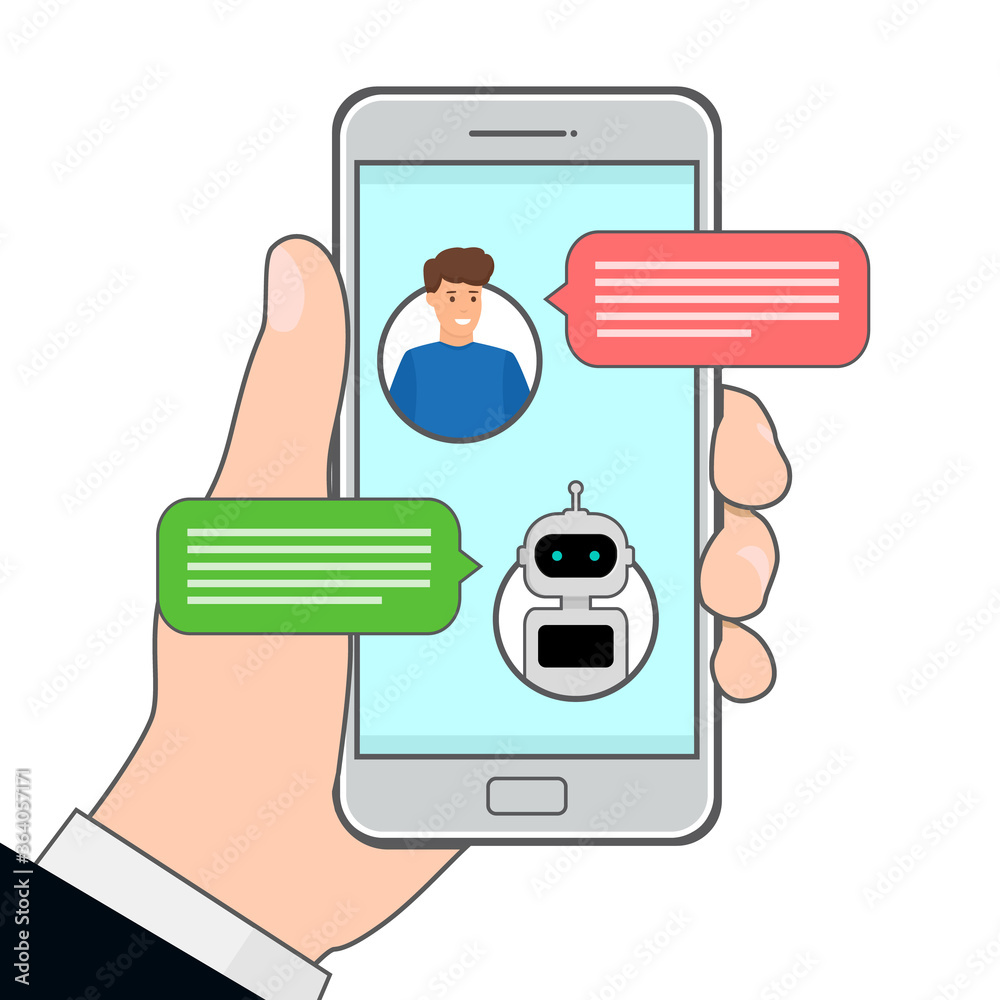 Chatbot concept. Hand holding smartphone with human conversation with ...