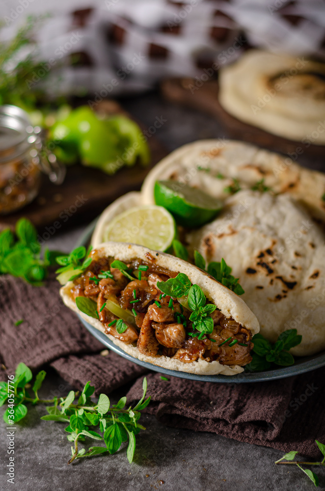 Homemade pita bread with meat and herbs Homemade pita bread with meat and herbs