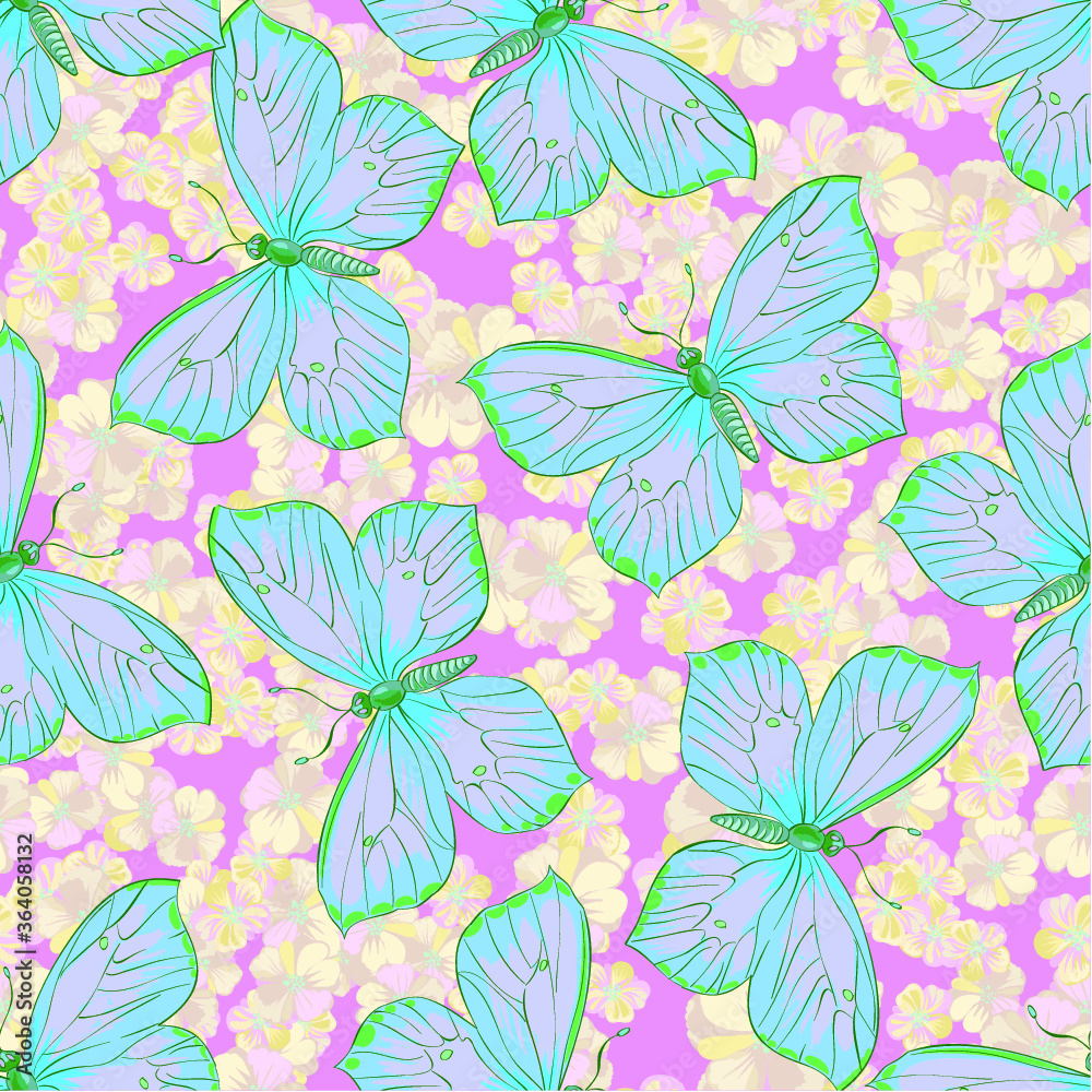 Blue butterflies and yellow flowers. Vector seamless pattern