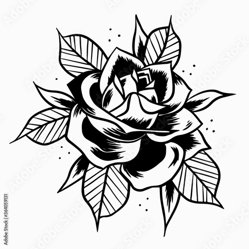 Old School black Rose. Print for t-shirt postcards logo icons. Vintage traditional art. Simbol of love. Barbershop or tattoo studio design. Stock vector illustration isolated on white.