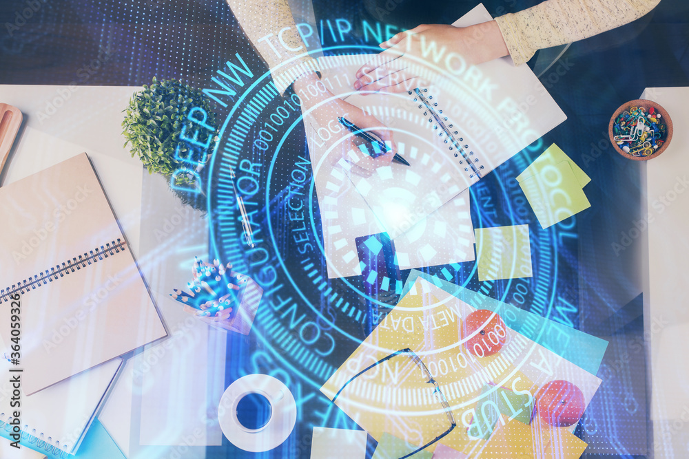Double exposure of writing hand on background with data solution technology hologram. Ai concept. Double exposure of writing hand on background with data solution technology hologram. Ai concept.