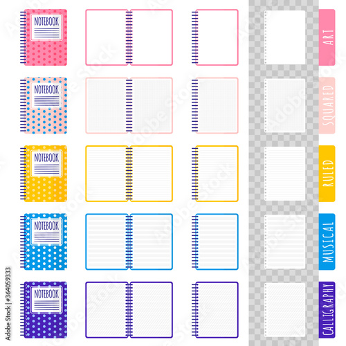 Set of vector cartoon illustrations with different types of notebooks, open notebooks, blank sheets on white background