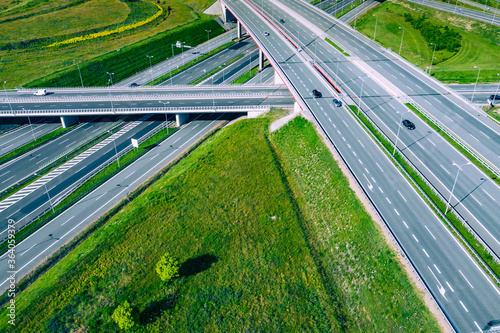 Highway Aerial View. Overpass and bridge. from above. Gliwice, Silesia, Poland. Transportation bird's-eye view.