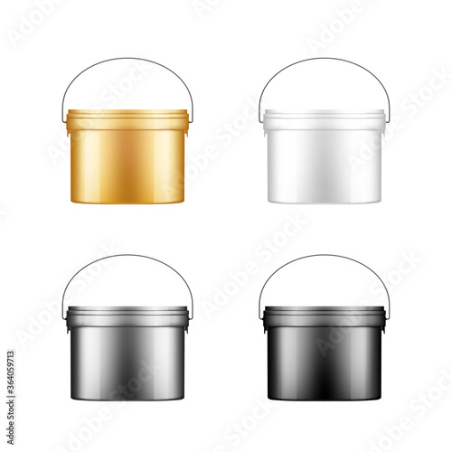 Black paint buckets with metal handle mockup. Plastic package design. Blank gold, silver, black, white product container template: ice cream, yoghurt, mayo, or putty. 3d isolated vector illustration