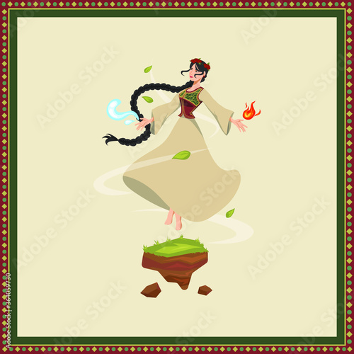 vector illustration for Novruz Bayram, girl in traditional Azerbaijani clothes dancing with nature elements