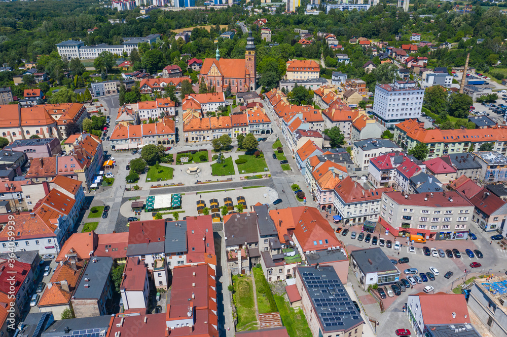 Wodzislaw Slaski. Poland. Aerial view of main square and city center of Wodzislaw Slaski. Upper Silesia. Poland.