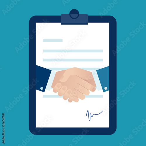 Agreement. Handshake. Signing the contract. Business vector illustration