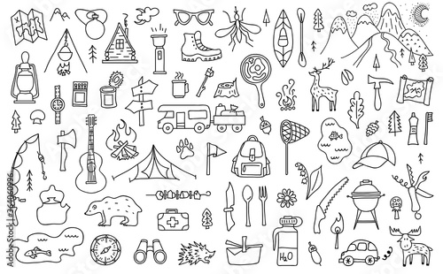 Set of outline camping theme elements. Symbols of tourism and outdoor activities in doodle style. Vector illustration. Hand-drawn travel elements.