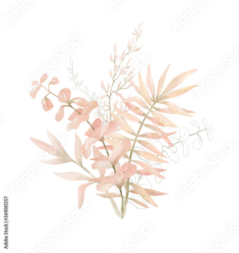 Watercolor composition with plants and leaves in pastel pink color. Aesthetic gently bouquet in boho style with palm leaf  eucalyptus  foliage  nature element. Illustration for wedding  business card.