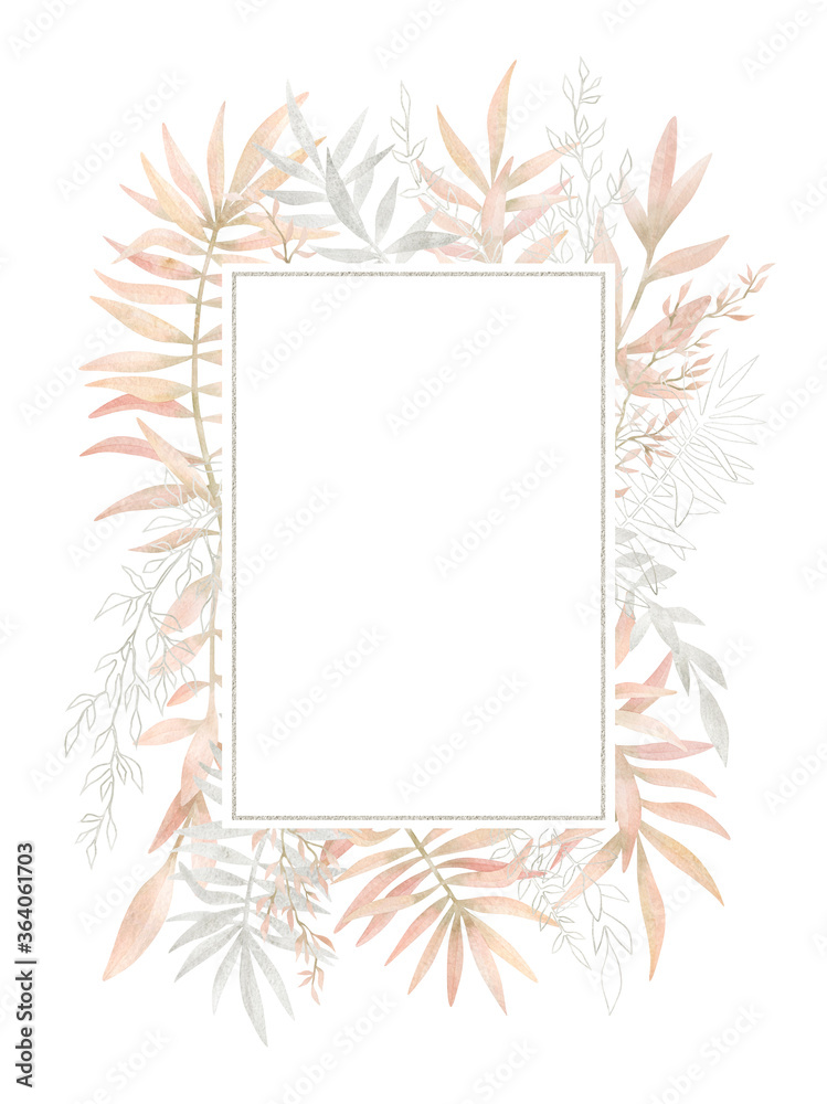 Watercolor frame with plants and leaves in pastel pink color. Aesthetic gently wreath in boho style with palm leaf, eucalyptus, foliage, nature element. Illustration for wedding, business card.