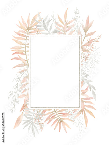 Watercolor frame with plants and leaves in pastel pink color. Aesthetic gently wreath in boho style with palm leaf, eucalyptus, foliage, nature element. Illustration for wedding, business card.