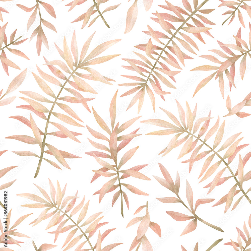 Watercolor seamless pattern with tropical plants in pastel pink color. Gentle nature elements. Leaf, foliage, branch, jungle flora. Summer background for wallpaper, textile, wedding decor