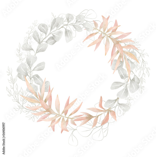Watercolor frame with plants and leaves in pastel pink color. Aesthetic gently wreath in boho style with palm leaf  eucalyptus  foliage  nature element. Illustration for wedding  business card.