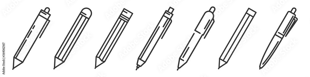 Pens and pencils isolated. Linear templates of ballpens and pencils