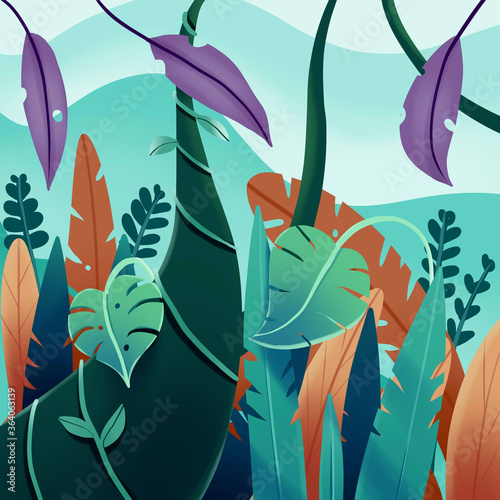illustration of tropical leaves with various colors. for background and business cards