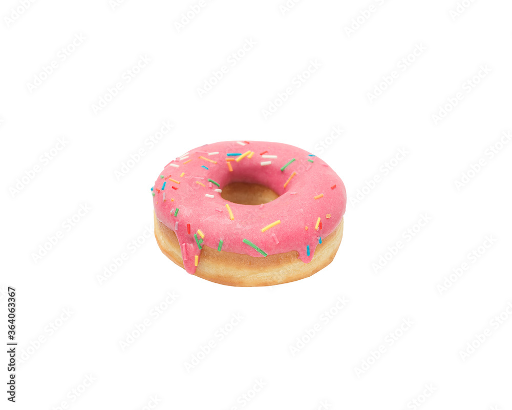 Donut in pink glaze with colored sprinkles on a white background, isolate Donut in pink glaze with colored sprinkles on a white background, isolate